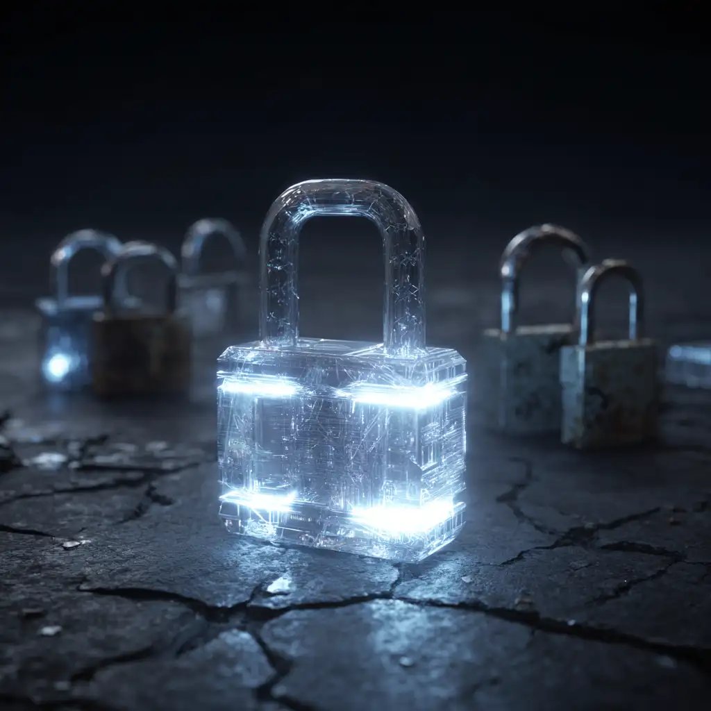 Glowing, secure digital padlocks on a wet surface