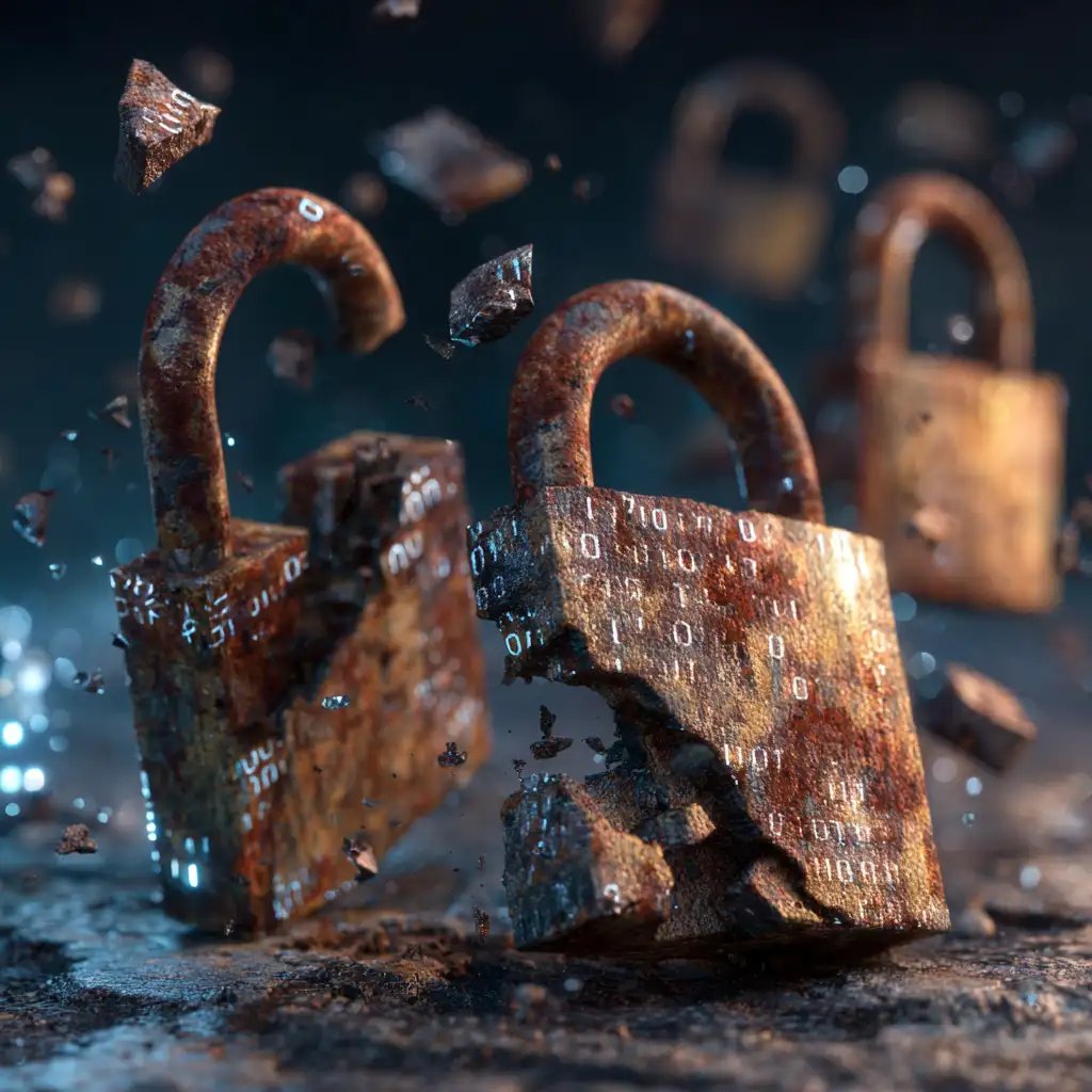 Broken and rusted padlocks shattering apart