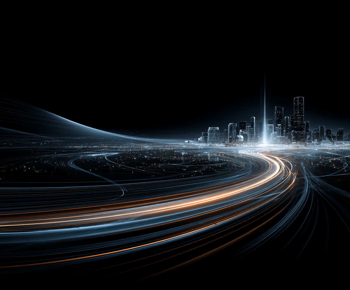 Futuristic cityscape with light trails representing data networks