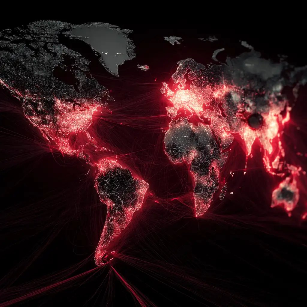 A glowing red world map showing interconnected threats