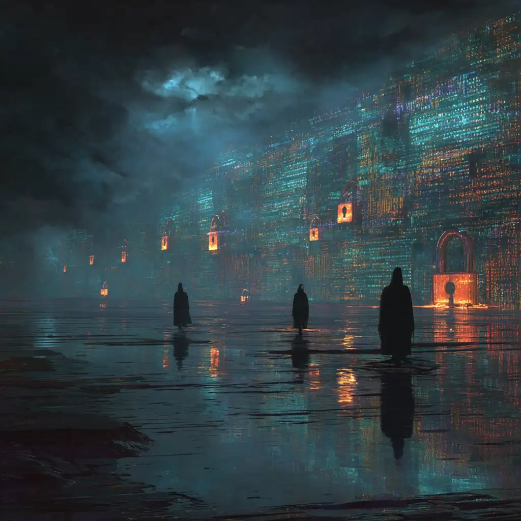 Silhouettes of figures in a vast, dark digital landscape with code walls