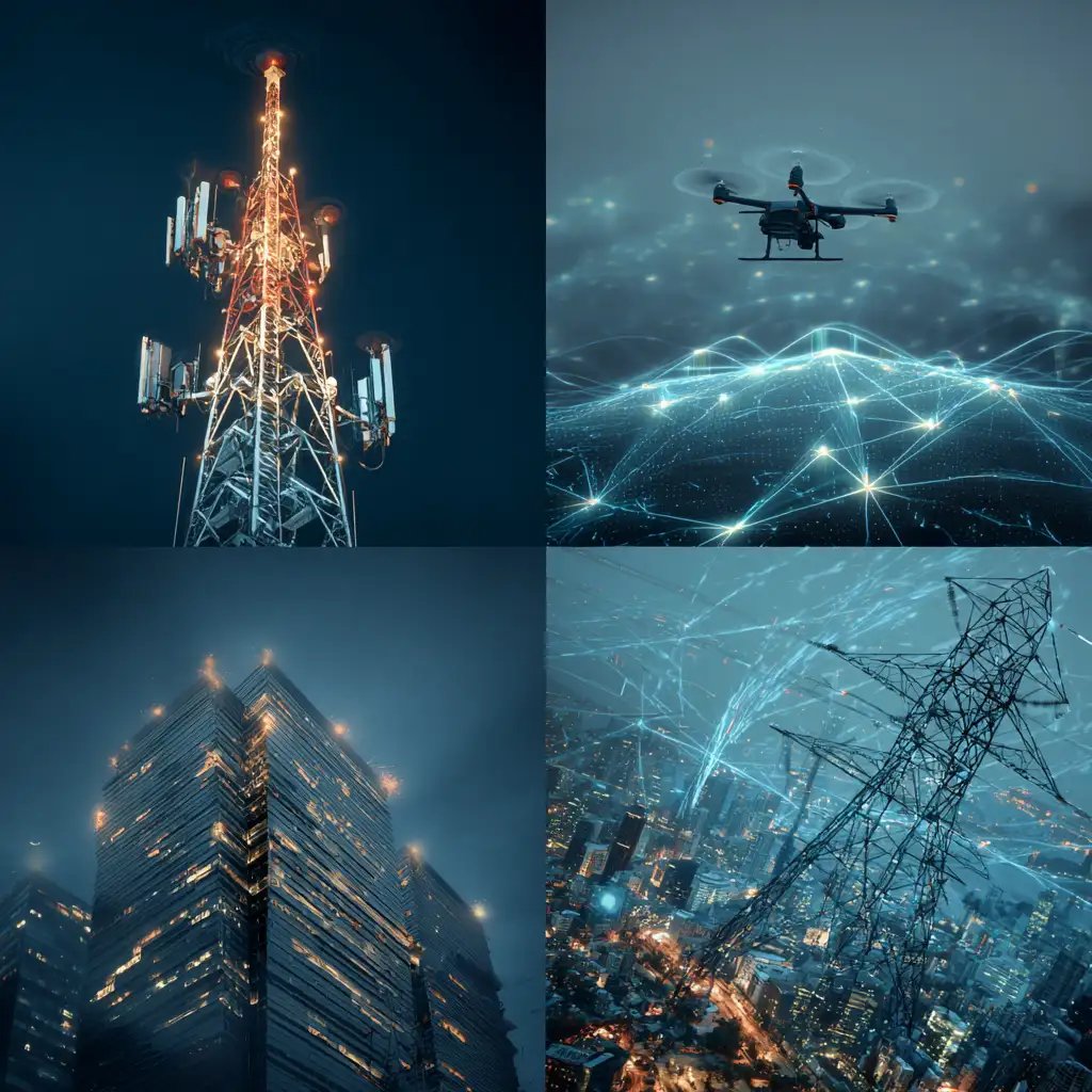 Montage of images showing telecommunications, satellite, finance, and infrastructure